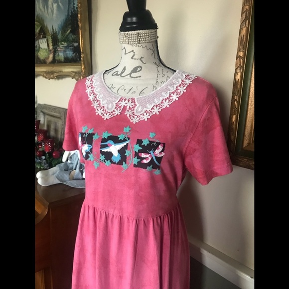 Rare Pink Tie Dye Hummingbird Lace Collar Dress M - Picture 5 of 15